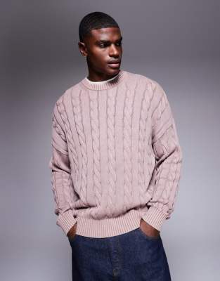 Asos Design Oversized Fit Cable Knit Sweater In Pink
