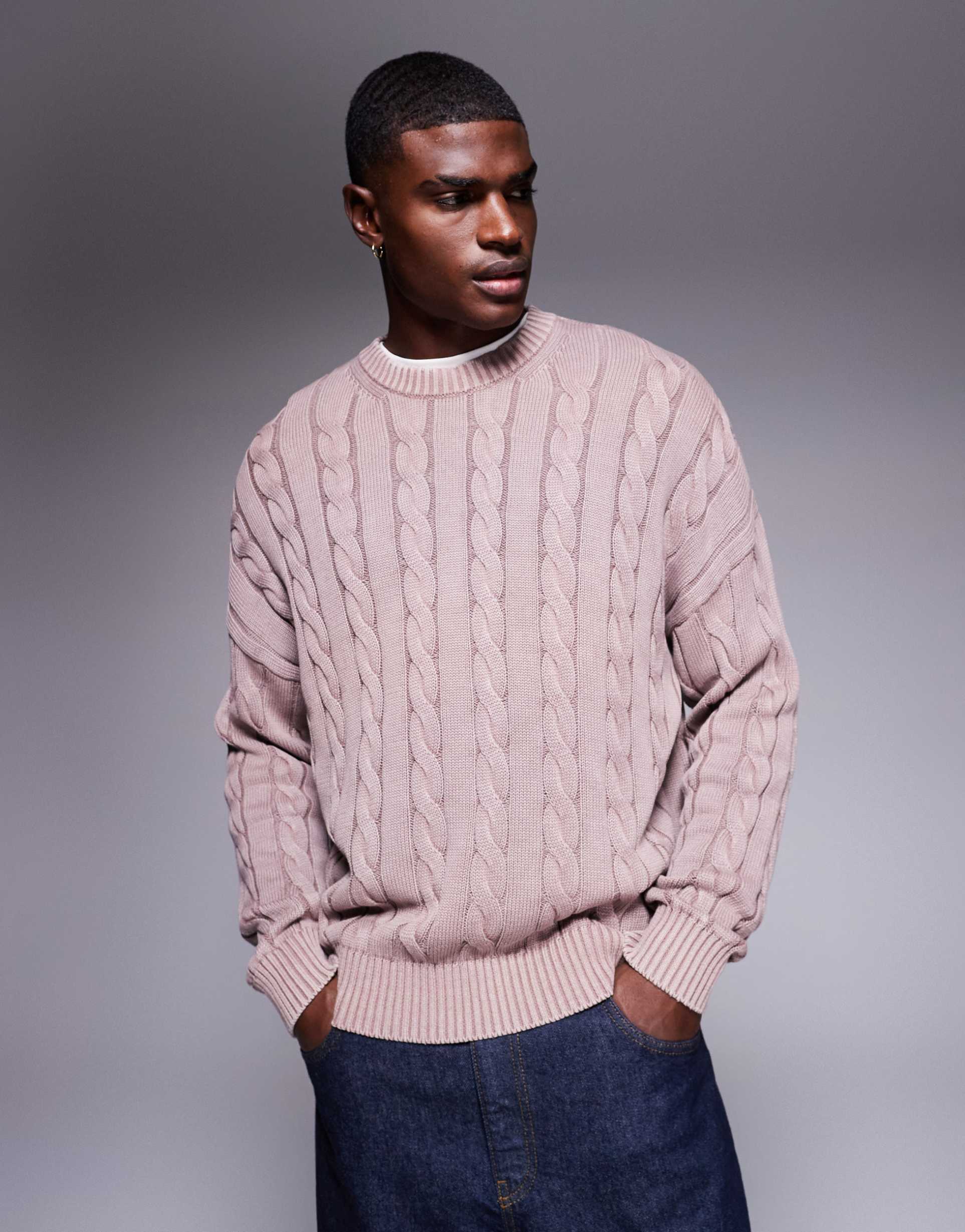 ASOS DESIGN oversized fit cable knit sweater in washed pink