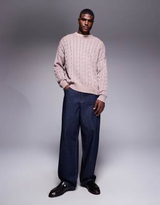 Asos Design Oversized Fit Cable Knit Sweater In Pink