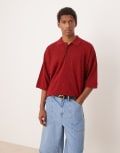 [ASOS DESIGN] ASOS DESIGN oversized fit drop shoulder polo in burgundy-Brown L BURGUNDY