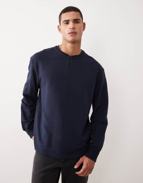 ASOS DESIGN oversized fit henley in navy pique cotton - view 1