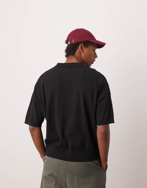ASOS DESIGN oversized fit knit cotton notch neck polo in black 