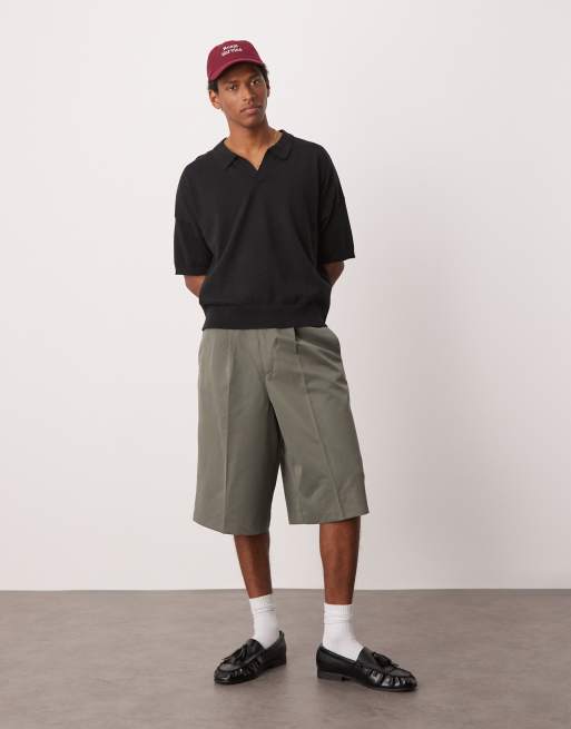 ASOS DESIGN oversized fit knit cotton notch neck polo in black 