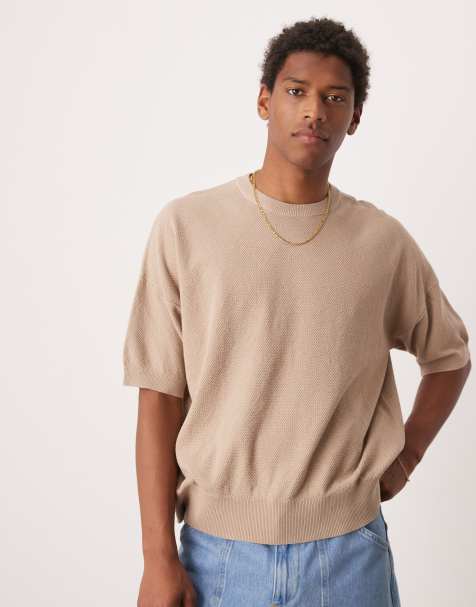 ASOS DESIGN oversized fit knit pique textured T-shirt in stone - view 1
