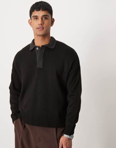 ASOS DESIGN oversized  fit knitted polo in black with charcoal contrast collar  - view 1