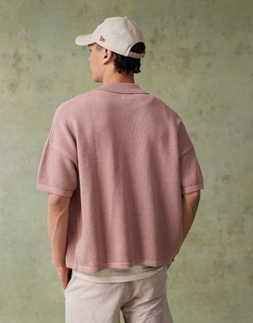 ASOS DESIGN oversized  fit knitted texture revere neck polo in dusky pink , 3 of 4
