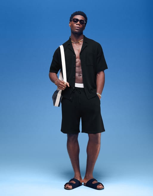 ASOS DESIGN oversized fit lightweight textured button through polo shirt in black - part of a set 