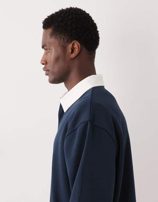 ASOS DESIGN oversized fit rugby polo with contrast collar in navy, 4 of 5