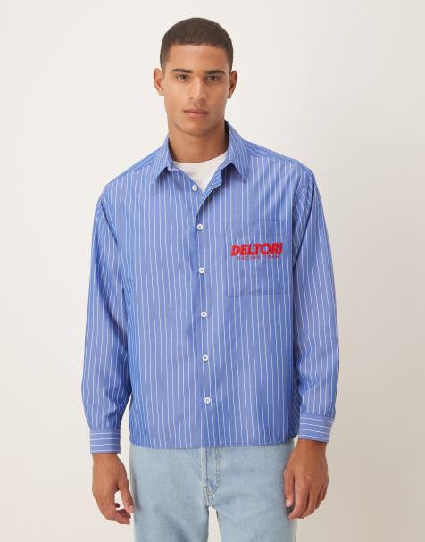 ASOS DESIGN oversized fit shirt with embroidered logo in blue stripe cotton poplin - view 1