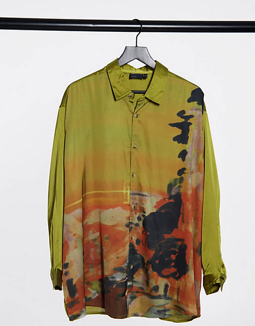 ASOS DESIGN oversized fit shirt with scenic abstract print in satin | ASOS