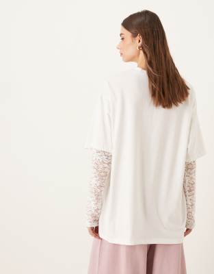 Asos Design Oversized Fit Tee With Lace Sleeves In White