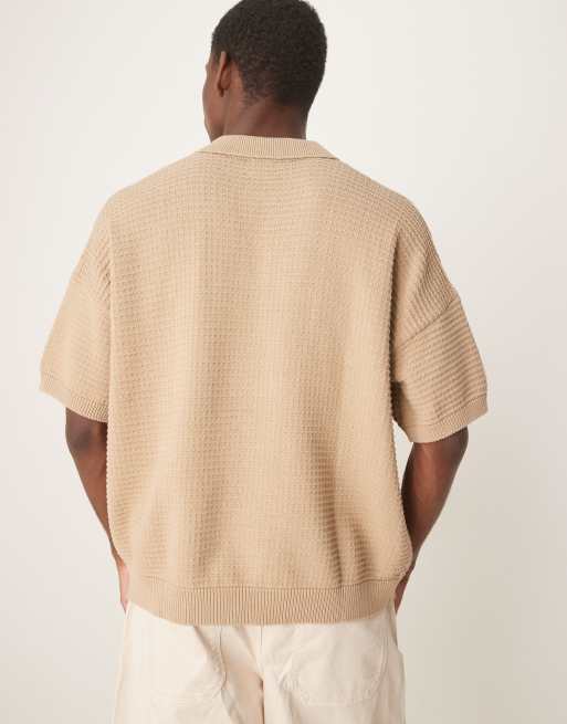 ASOS DESIGN oversized  fit texture knitted polo in beige