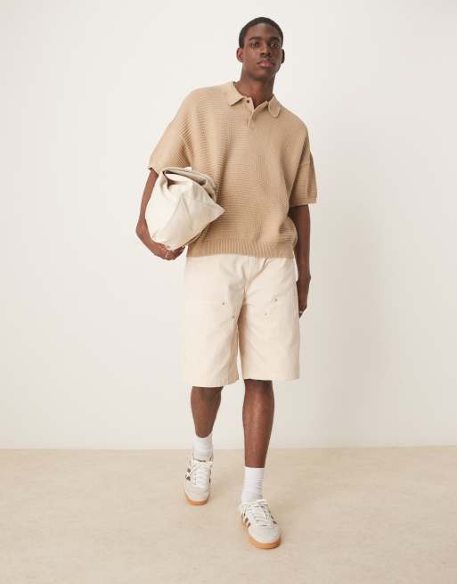 ASOS DESIGN oversized fit textured knit polo in beige | ASOS