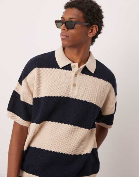 ASOS DESIGN oversized fit textured knit polo in navy stripe - view 1