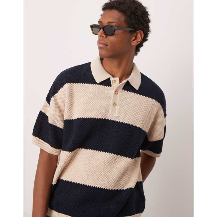 ASOS DESIGN oversized fit textured knit polo in navy stripe