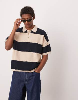 ASOS DESIGN oversized boxy fit textured knit polo in navy stripe
