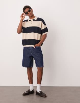 ASOS DESIGN oversized boxy fit textured knit polo in navy stripe