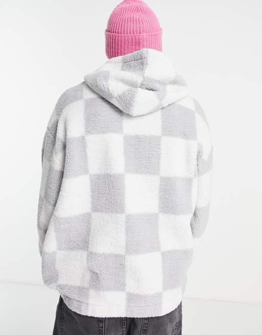 ASOS DESIGN oversized fleece festival hoodie in gray & white checkerboard, 2 of 4