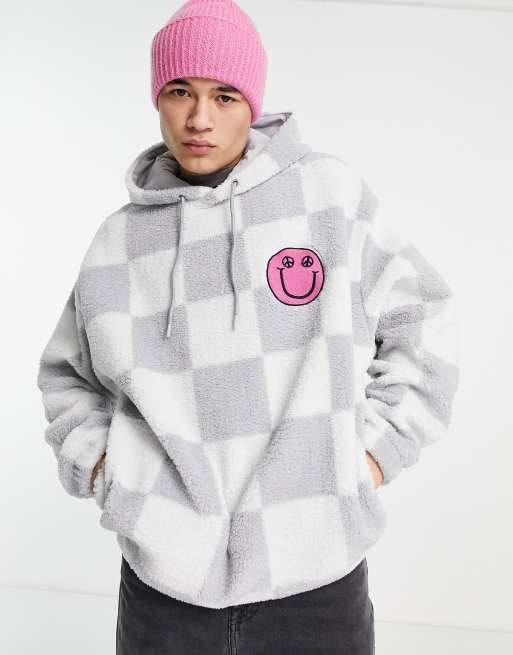 ASOS DESIGN oversized fleece festival hoodie in gray & white checkerboard, 3 of 4