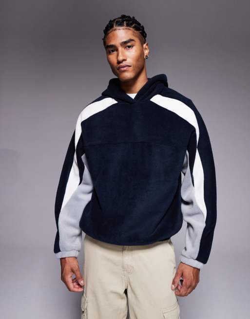 ASOS DESIGN oversized fleece hoodie with colour block in navy