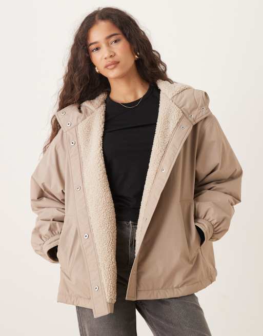 ASOS DESIGN oversized fleece lined rain coat in marshmallow