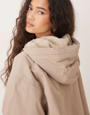 Asos Design Oversized Fleece Lined Rain Coat In Neutral