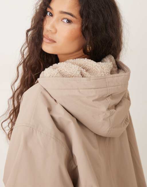 ASOS DESIGN oversized fleece lined rain coat in marshmallow