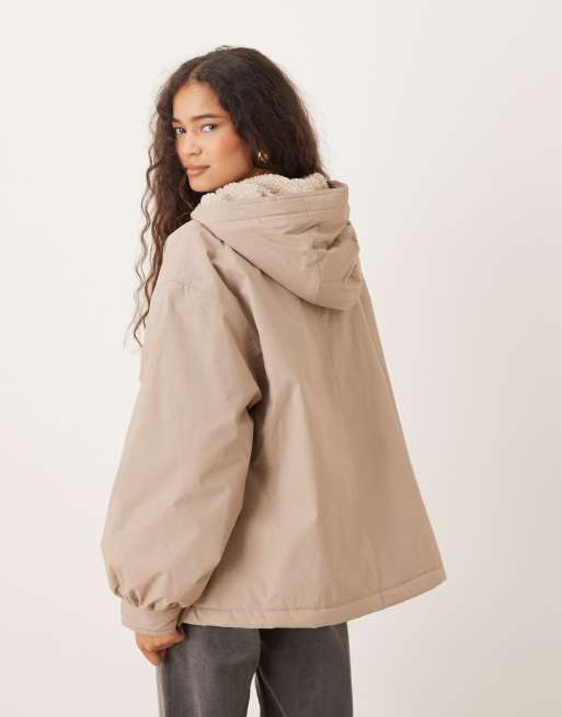 ASOS DESIGN oversized fleece lined rain coat in marshmallow
