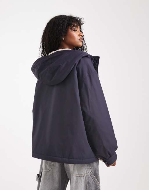 ASOS DESIGN oversized fleece lined rain coat in navy