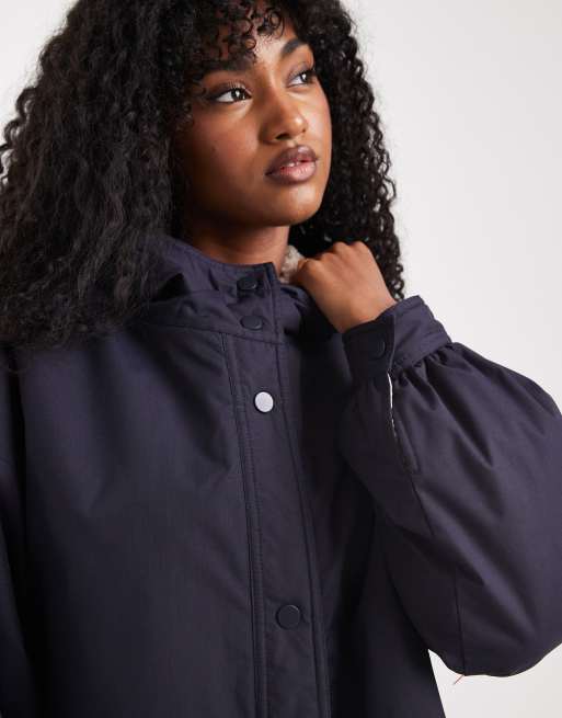 ASOS DESIGN oversized fleece lined rain coat in navy