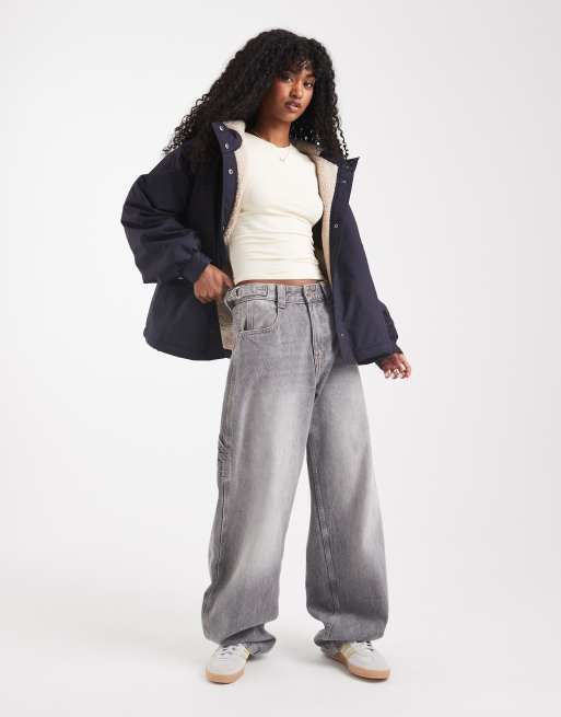 ASOS DESIGN oversized fleece lined rain coat in navy