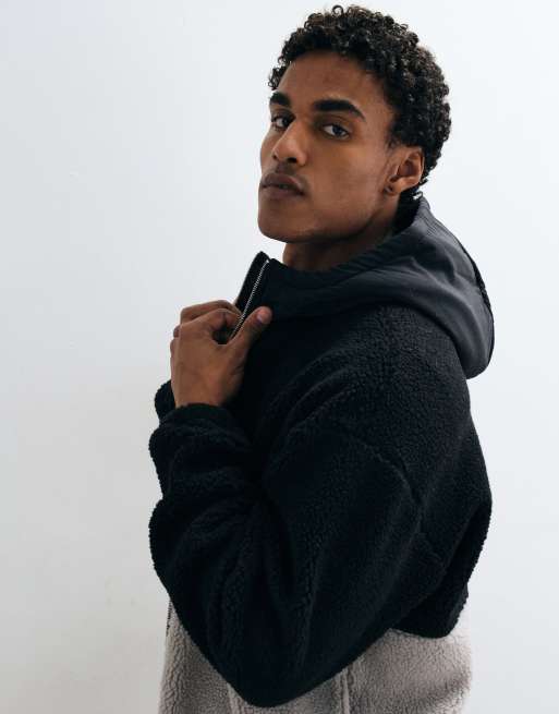 ASOS DESIGN oversized fleece med hætte og gennemgående lynlås med sammensyede paneler i sort, 4 af 5