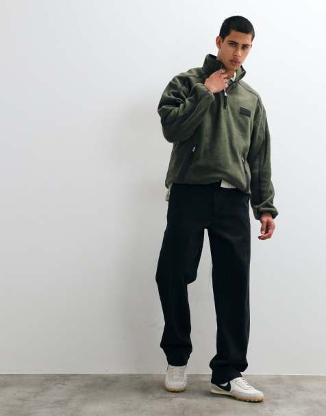 ASOS DESIGN oversized fleece med kvart lynlås, nylommer og tape i khaki - view 1