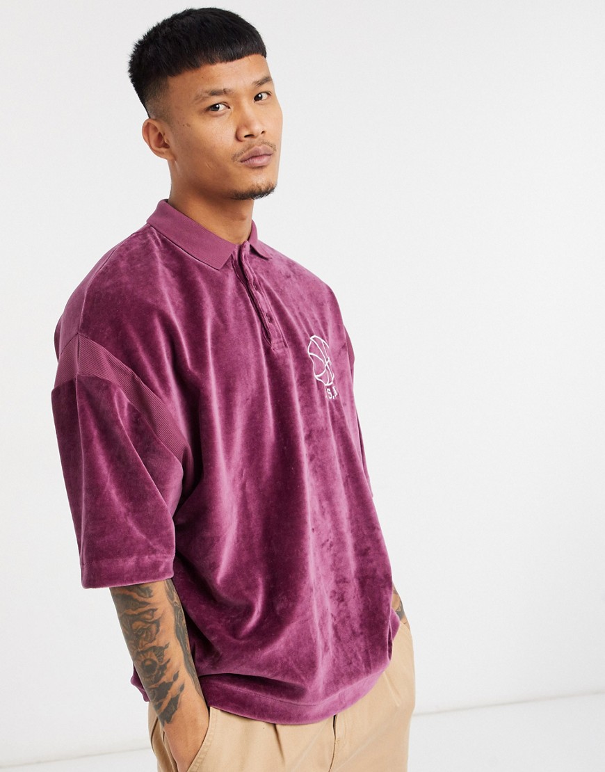ASOS DESIGN oversized fleece polo shirt with chest embroidery-Red