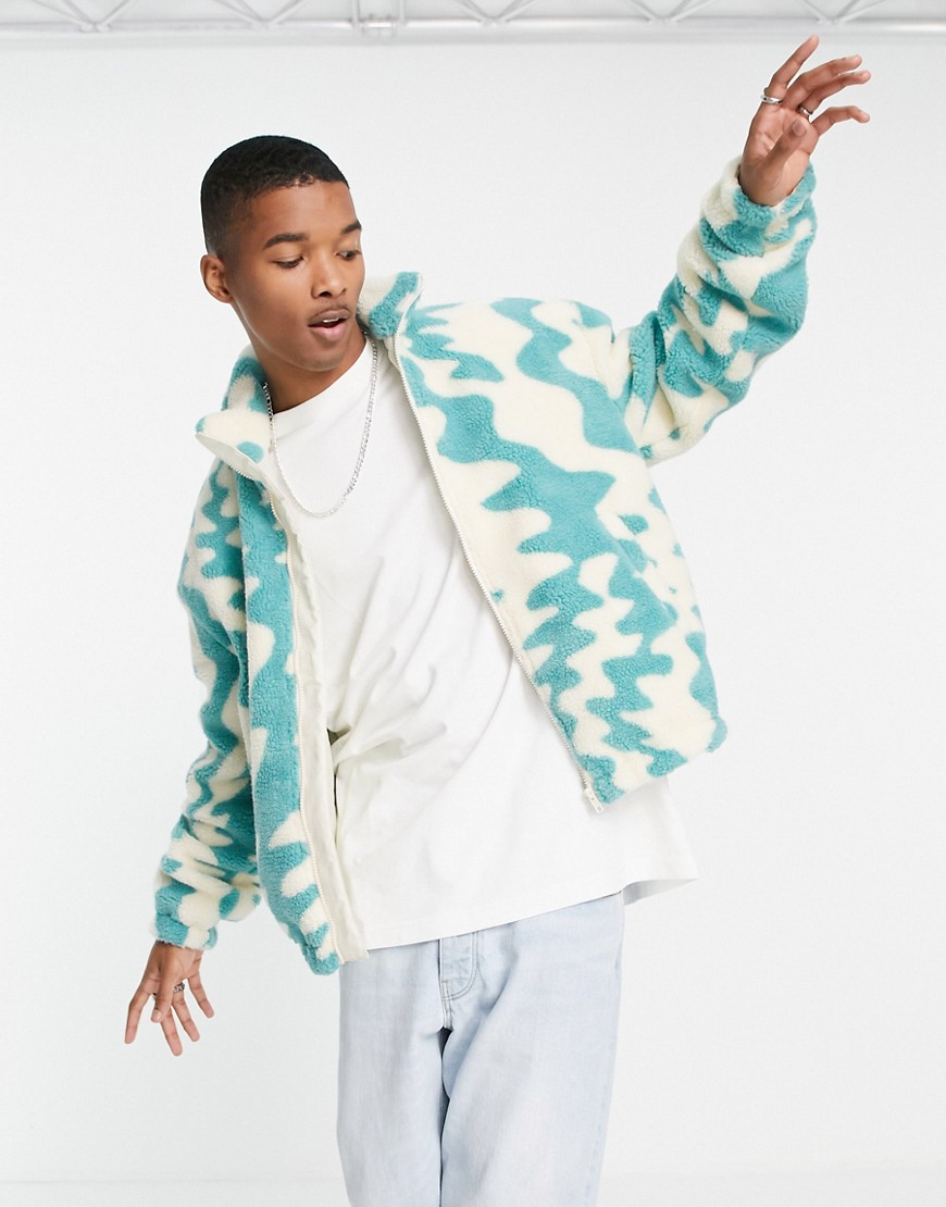 ASOS DESIGN oversized fleece shacket in all over abstract print-Blues