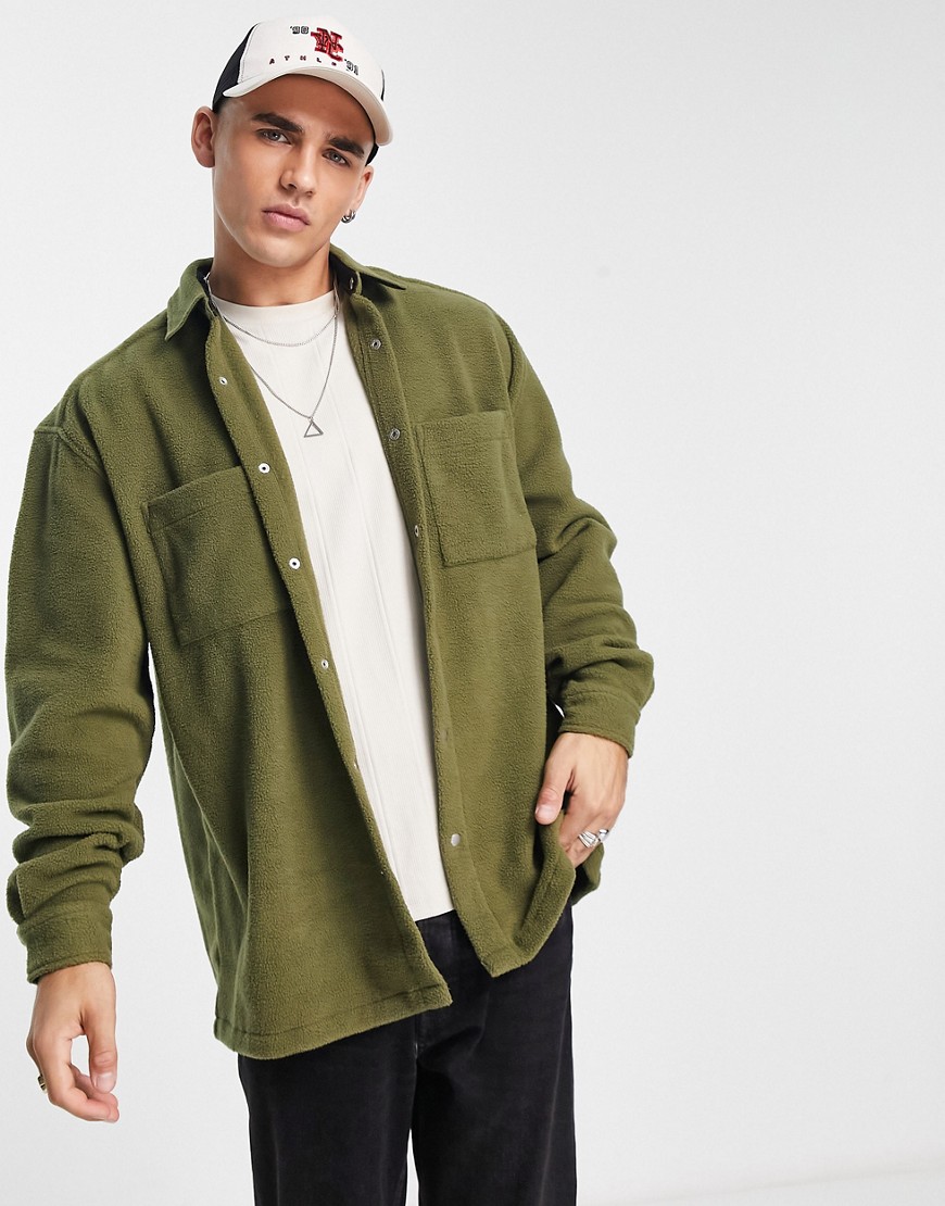 ASOS DESIGN oversized fleece shirt in khaki-Green