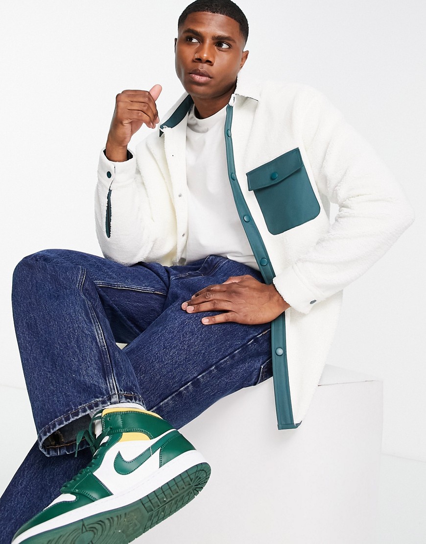 ASOS DESIGN oversized fleece shirt with green nylon pocket in ecru-White