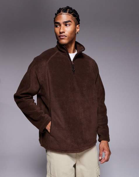 ASOS DESIGN - Oversized fleece sweatshirt met kwartrits en opstaande boord in lichtbruin - view 1