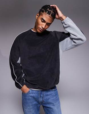 Asos Design Oversized Fleece Sweatshirt With Piping And Color Block In Black