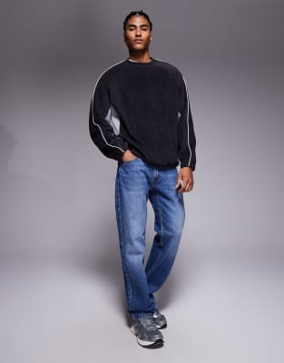 Asos Design Oversized Fleece Sweatshirt With Piping And Color Block In Black