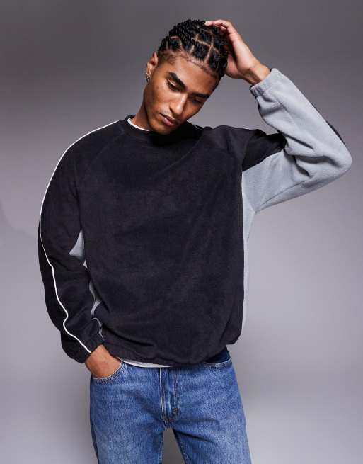 ASOS DESIGN oversized fleece sweatshirt with piping and colour block in grey