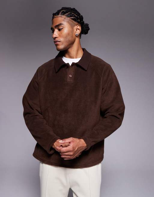 ASOS DESIGN oversized fleece sweatshirt with ribbed collar in brown