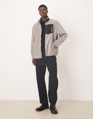 Asos Design Oversized Fleece Zip Through With Nylon Pocket In Gray