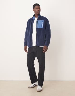 Asos Design Oversized Fleece Zip Up Jacket With Pocket In Blue