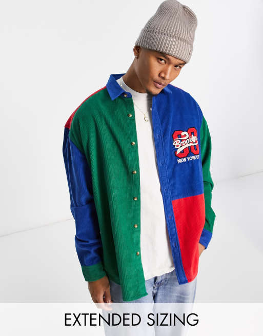 ASOS DESIGN - Oversized fløjlsskjorte af bomuldsblanding i 90'er-stil med farveblok og broderi på brystet 