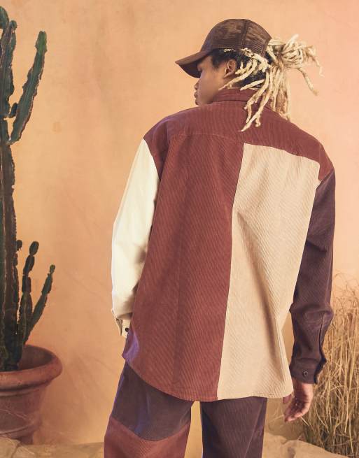ASOS DESIGN - Oversized fløjlsskjorte med farveblokke i brun i 90'er-stil - Del af sæt, 4 af 4
