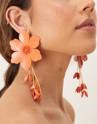 ASOS DESIGN oversized floral earrings in orange enamel