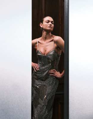 Asos Design Oversized Floral Embellished Sequin Maxi Dress With Bust Cup Detail In Green