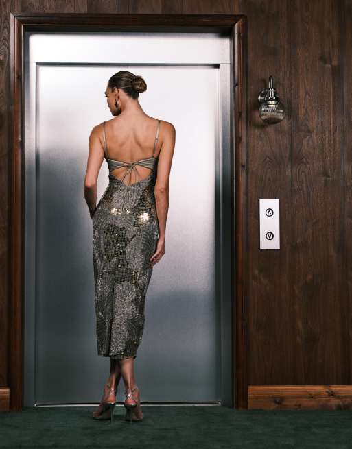 ASOS DESIGN oversized floral embellished sequin maxi dress with bust cup detail in light khaki