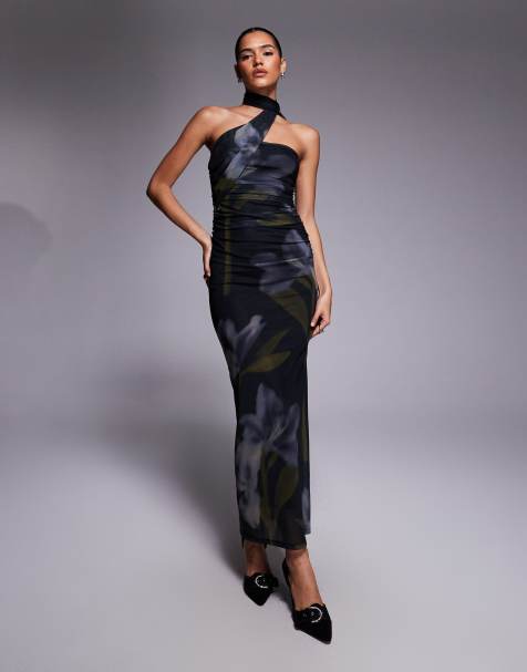 ASOS DESIGN oversized floral printed mesh scarf detail maxi dress in black - view 1